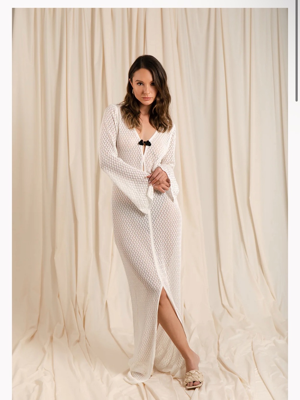 Cream Knit Maxi Cover-Up with Black Tie Detail